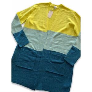 A New Day Womens Color Block Open Front Cardigan Teal and Yellow Medium